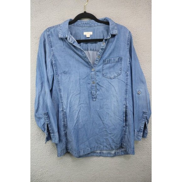 J. Jill Denim Long Sleeve Button Down Tunic-Size Small/Petite-Pockets-Chambray - Picture 1 of 10